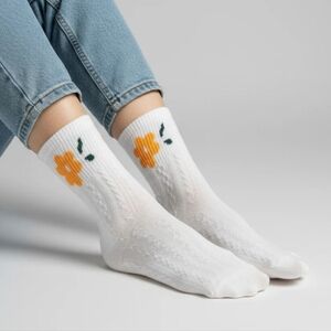 Vintage Style Cable Knit Socks, Floral Socks, Woman's Mid-calf Floral Socks